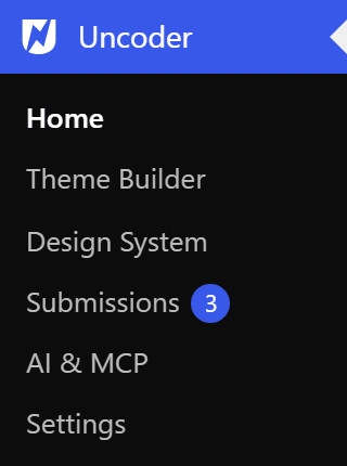 The Urmi menu in the WordPress sidebar with Home, Theme Builder, Design System, Submissions, AI & MCP and Settings