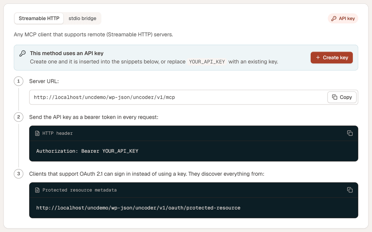 The Other clients instructions for Streamable HTTP: the Server URL, the Authorization header and the address OAuth clients read their sign-in details from