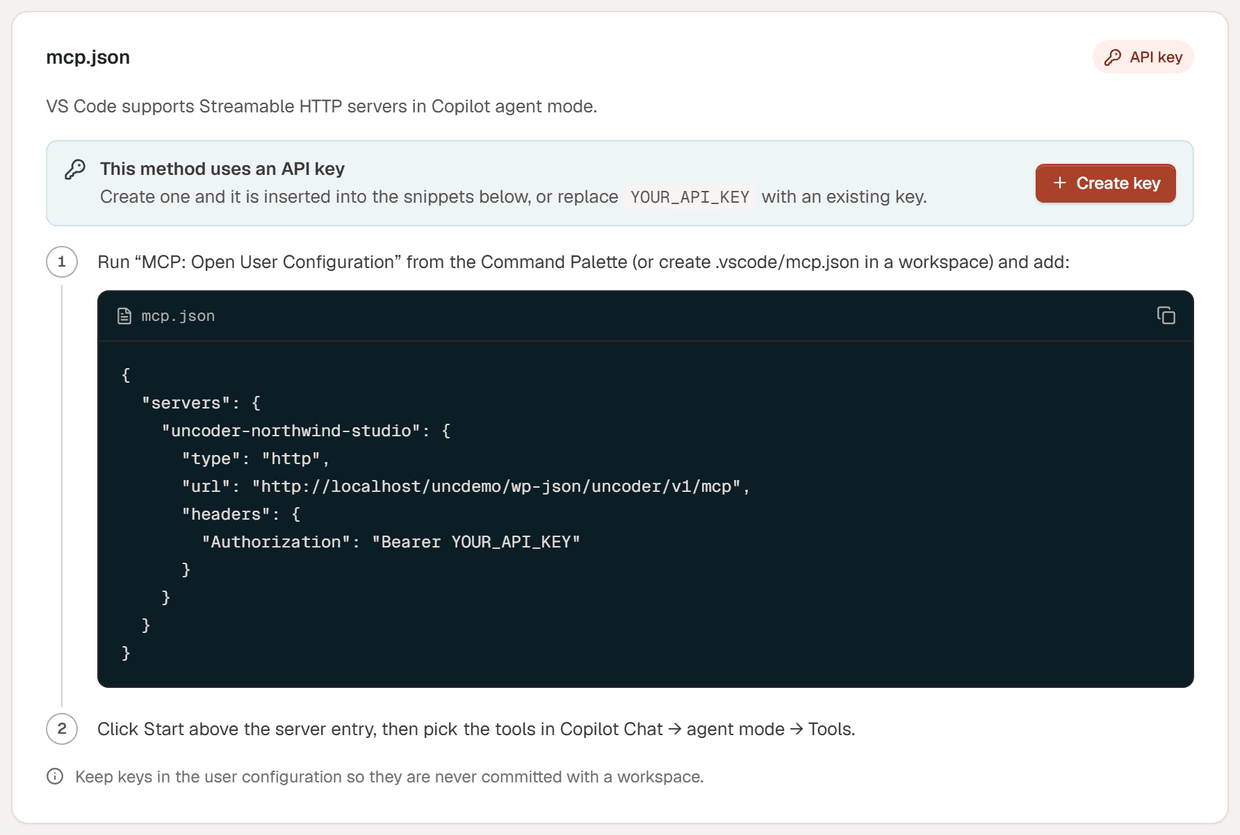 The VS Code instructions: an mcp.json entry with type http, the url and an Authorization header