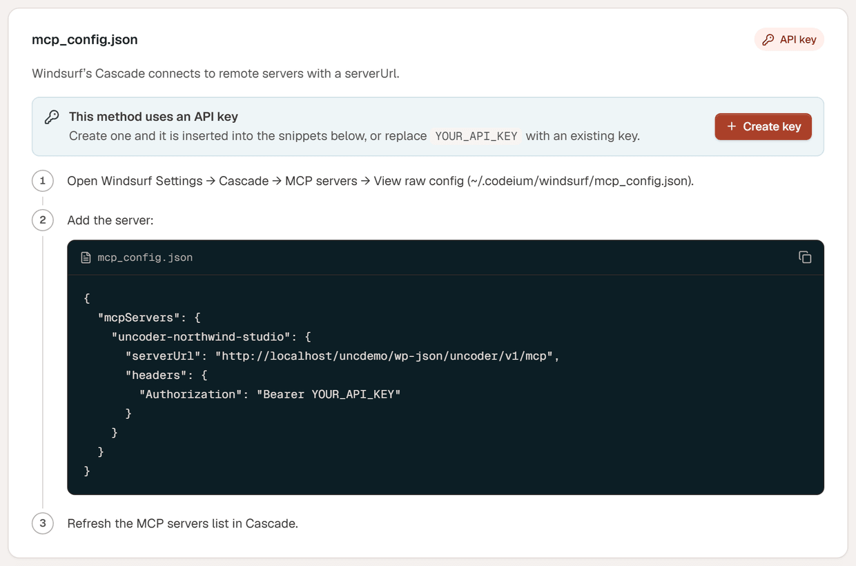 The Windsurf instructions: open the raw MCP config and add an mcpServers entry with serverUrl and an Authorization header