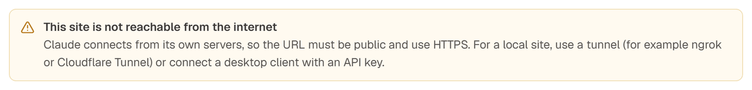 The warning This site is not reachable from the internet on the Connect a client tab
