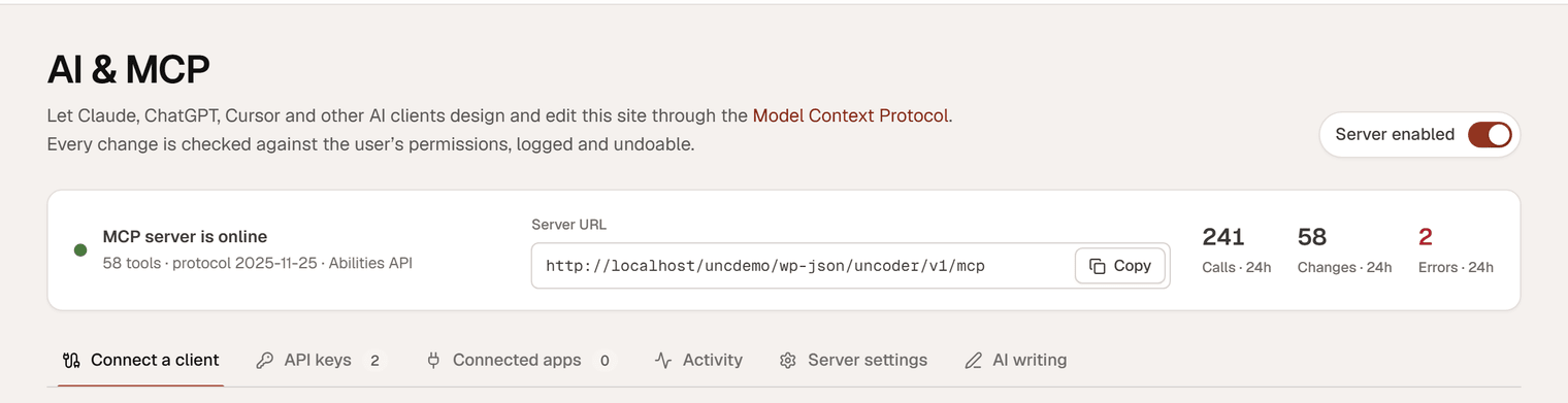 The AI & MCP screen: server status, the Server URL with a Copy button, call statistics and the tabs Connect a client, API keys, Connected apps, Activity, Server settings and AI writing