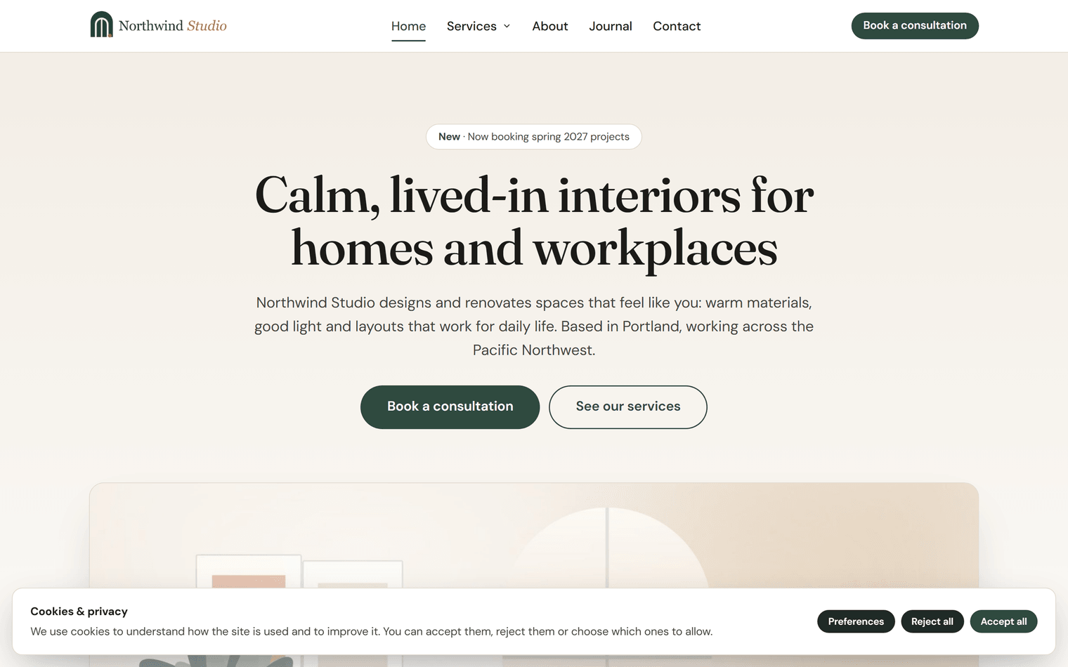 The Northwind Studio home page with the cookie banner along the bottom: the title Cookies & privacy, a short message and the buttons Preferences, Reject all and Accept all