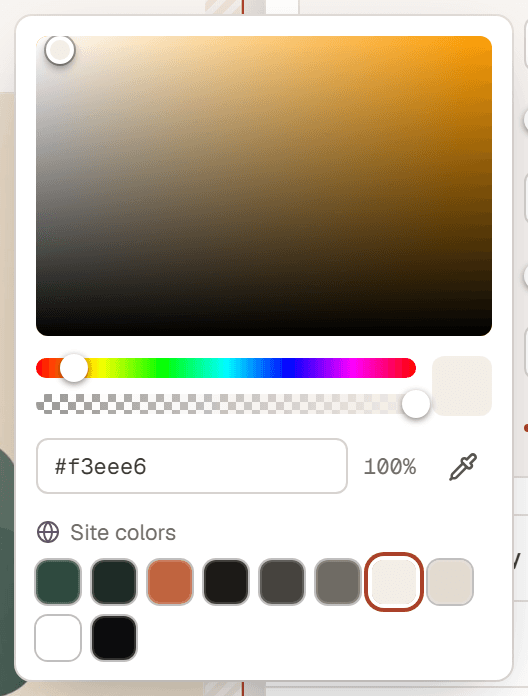 The color picker with the saturation square, hue and opacity sliders, the color value field with #f3eee6, the eyedropper and the Site colors swatches with Surface selected