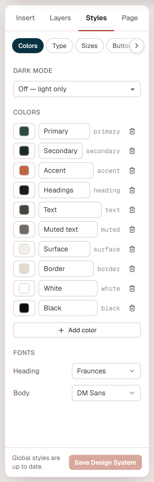 The Colors tab of the Design System with color rows for Primary, Secondary, Accent, Headings, Text, Muted text, Surface, Border, White and Black, and the Add color button