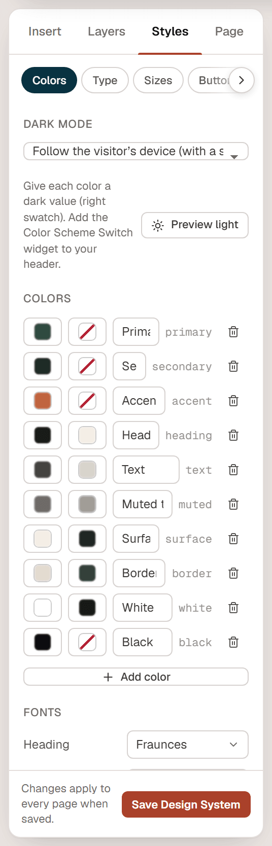 The Colors tab with Dark mode set to Follow the visitor's device, the hint about dark values and the Color Scheme Switch widget, the Preview dark button, and a second swatch for the dark value of each color