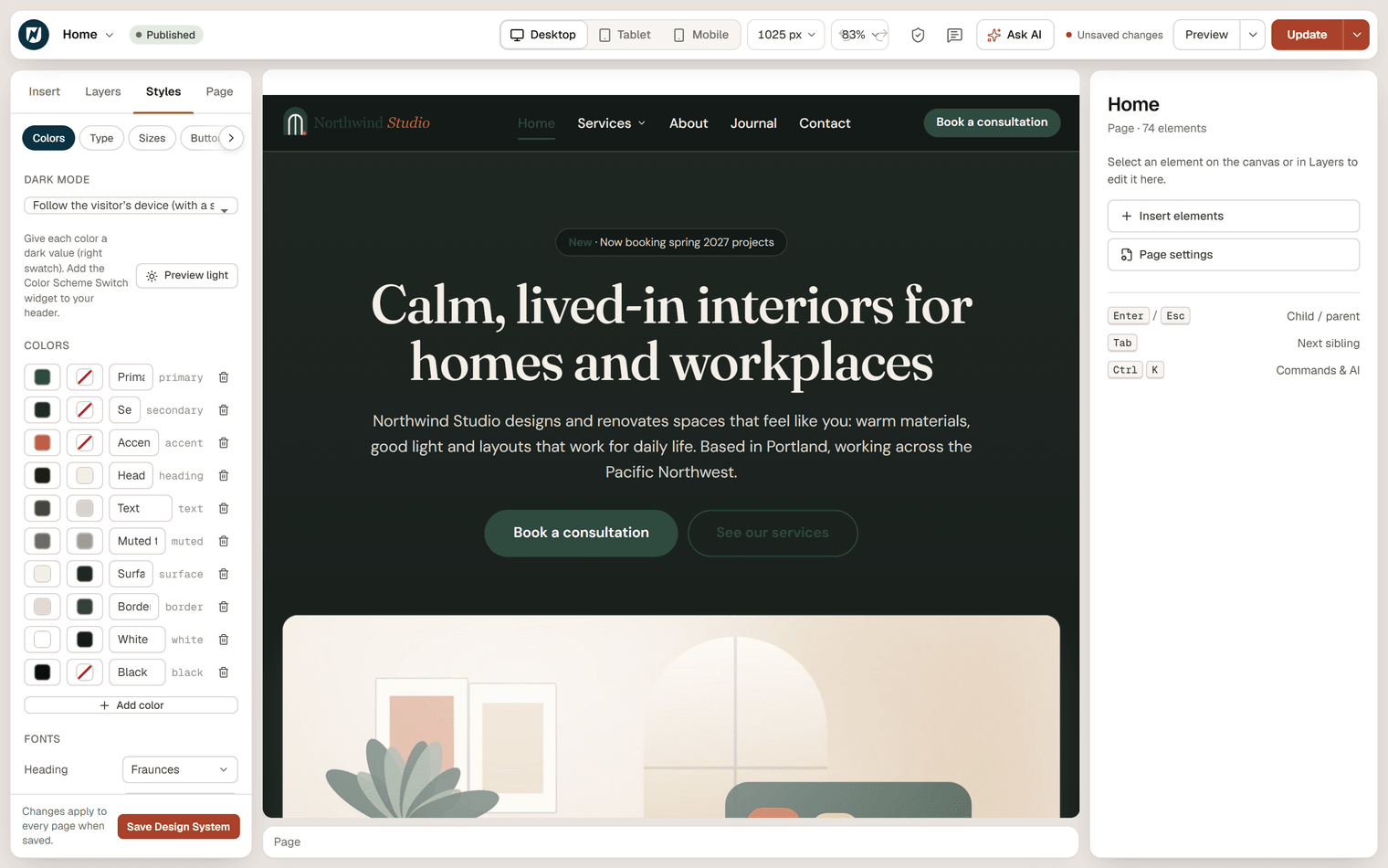 The editor with Preview dark on: the Home page shown with dark backgrounds and light text, while the Colors tab lists the light and dark value of each color