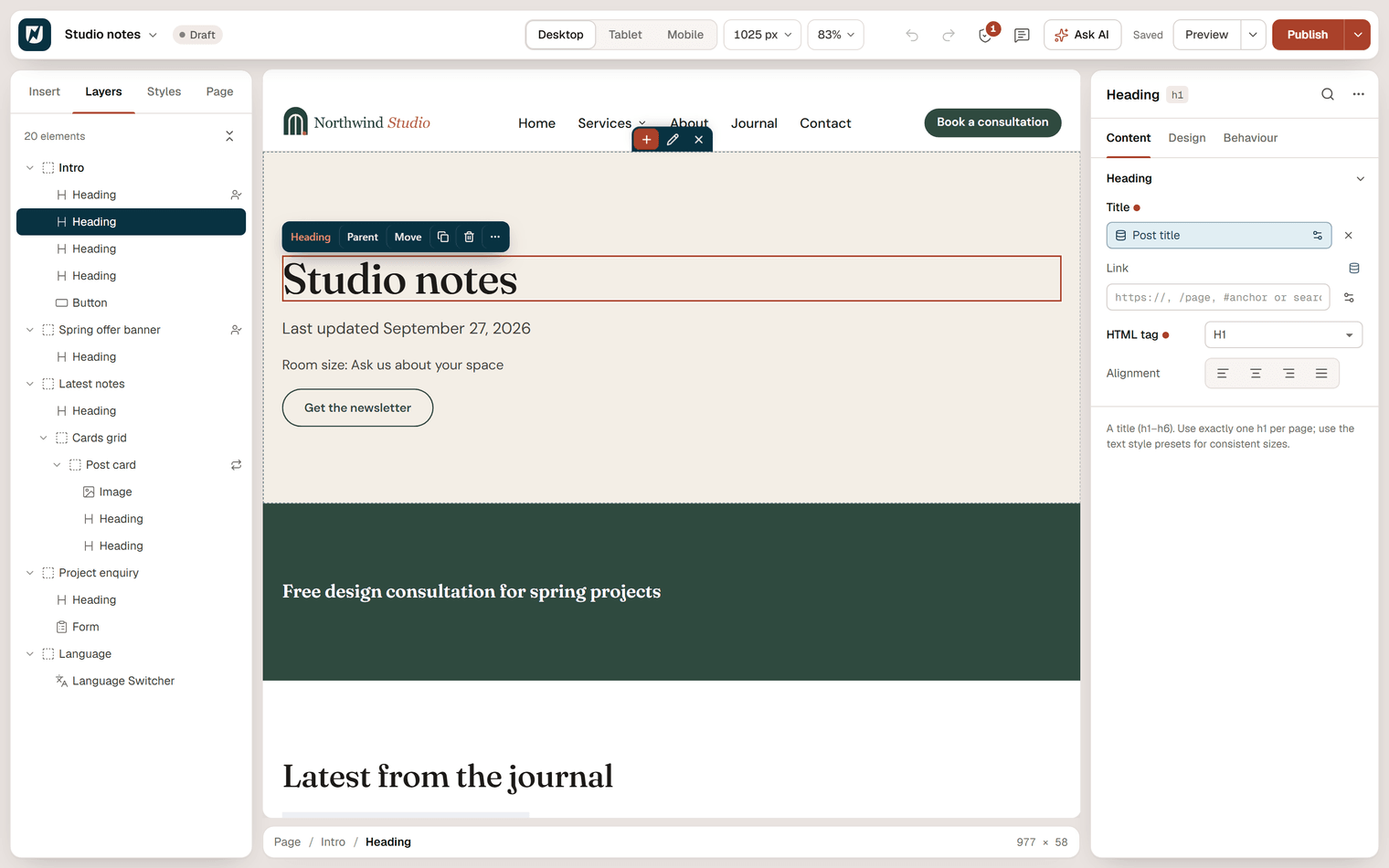 The editor with the page title heading selected; the Title setting shows a Post title chip and the canvas shows the page's real title