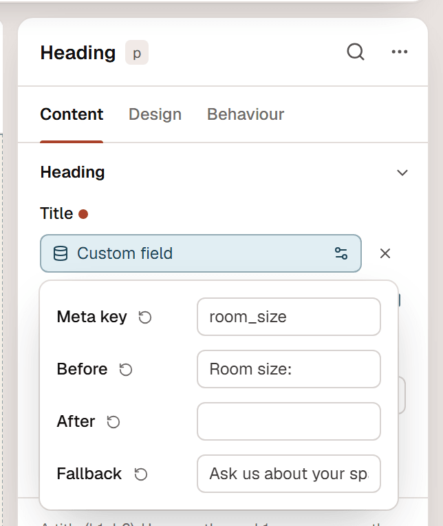 The Dynamic tag settings of a Custom field tag with the meta key room_size, Before text and a fallback
