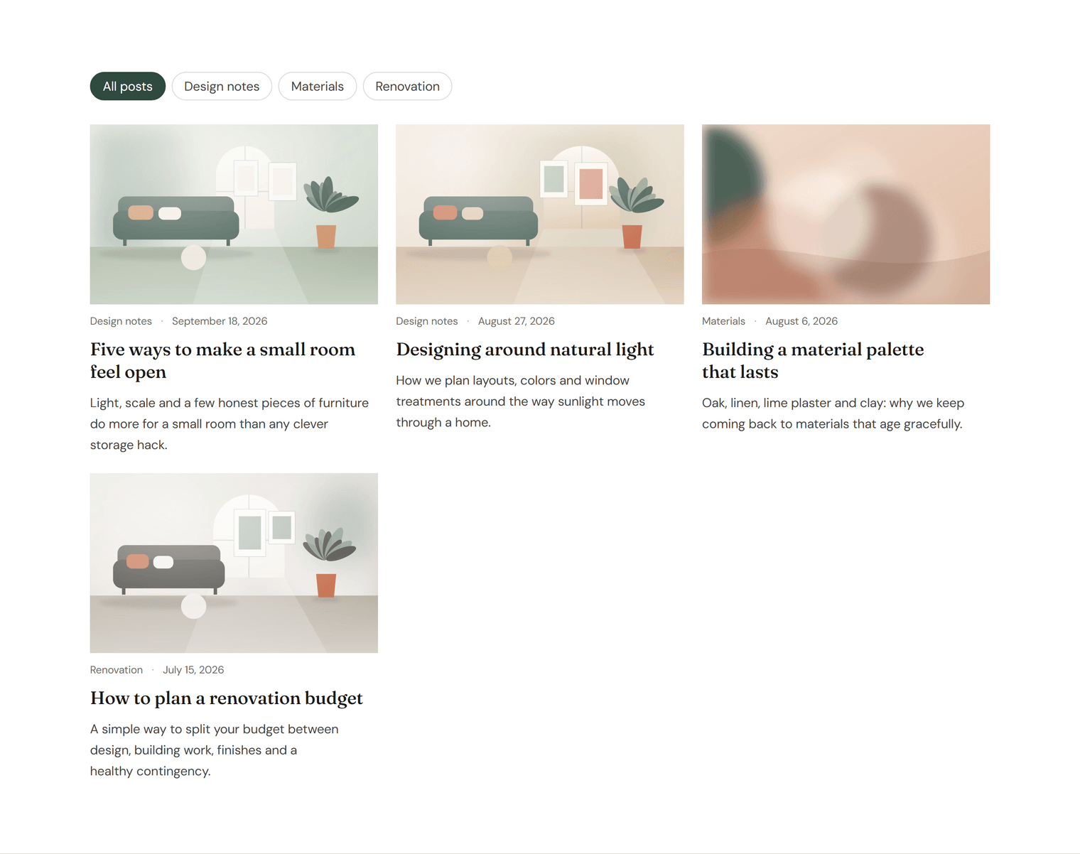 The Journal page on the live site with All posts, Design notes, Materials and Renovation filter buttons above three post cards