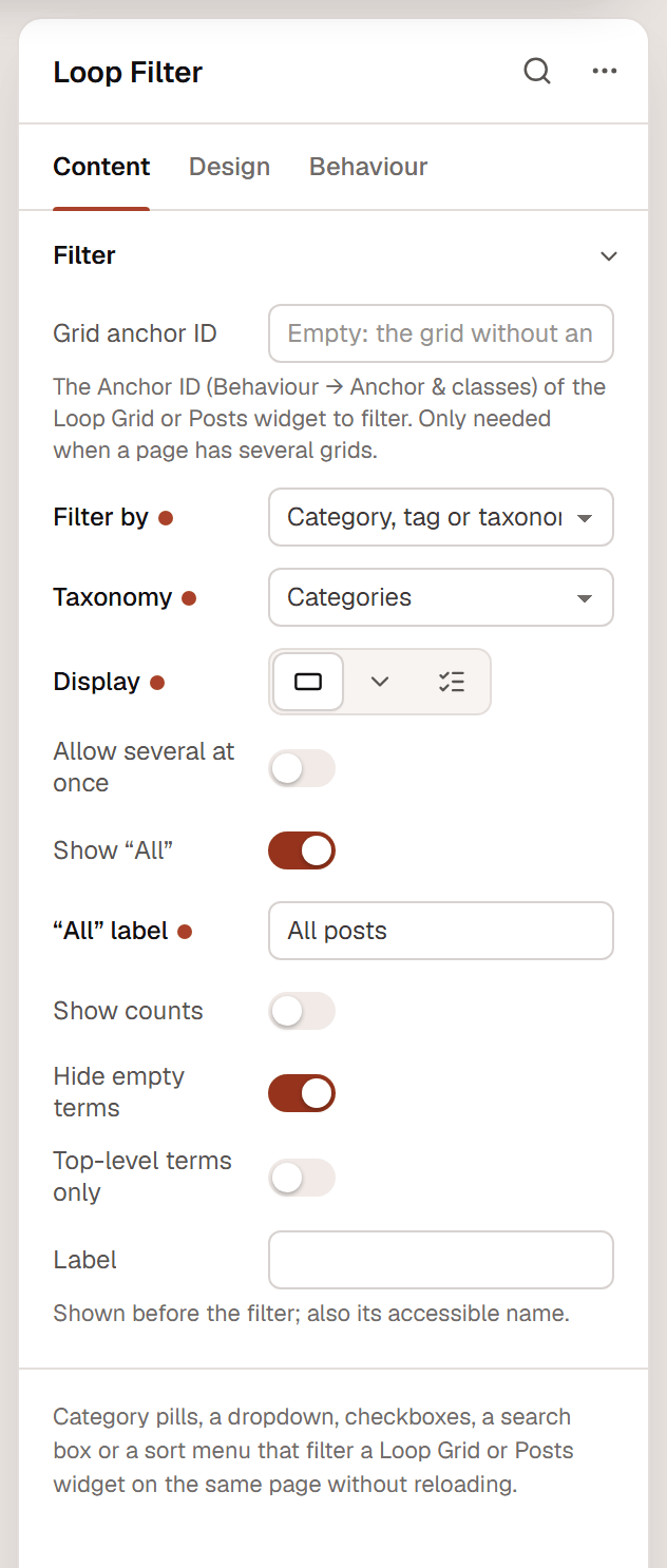The Loop Filter settings: Grid anchor ID, Filter by, Taxonomy, Display and the options for category buttons