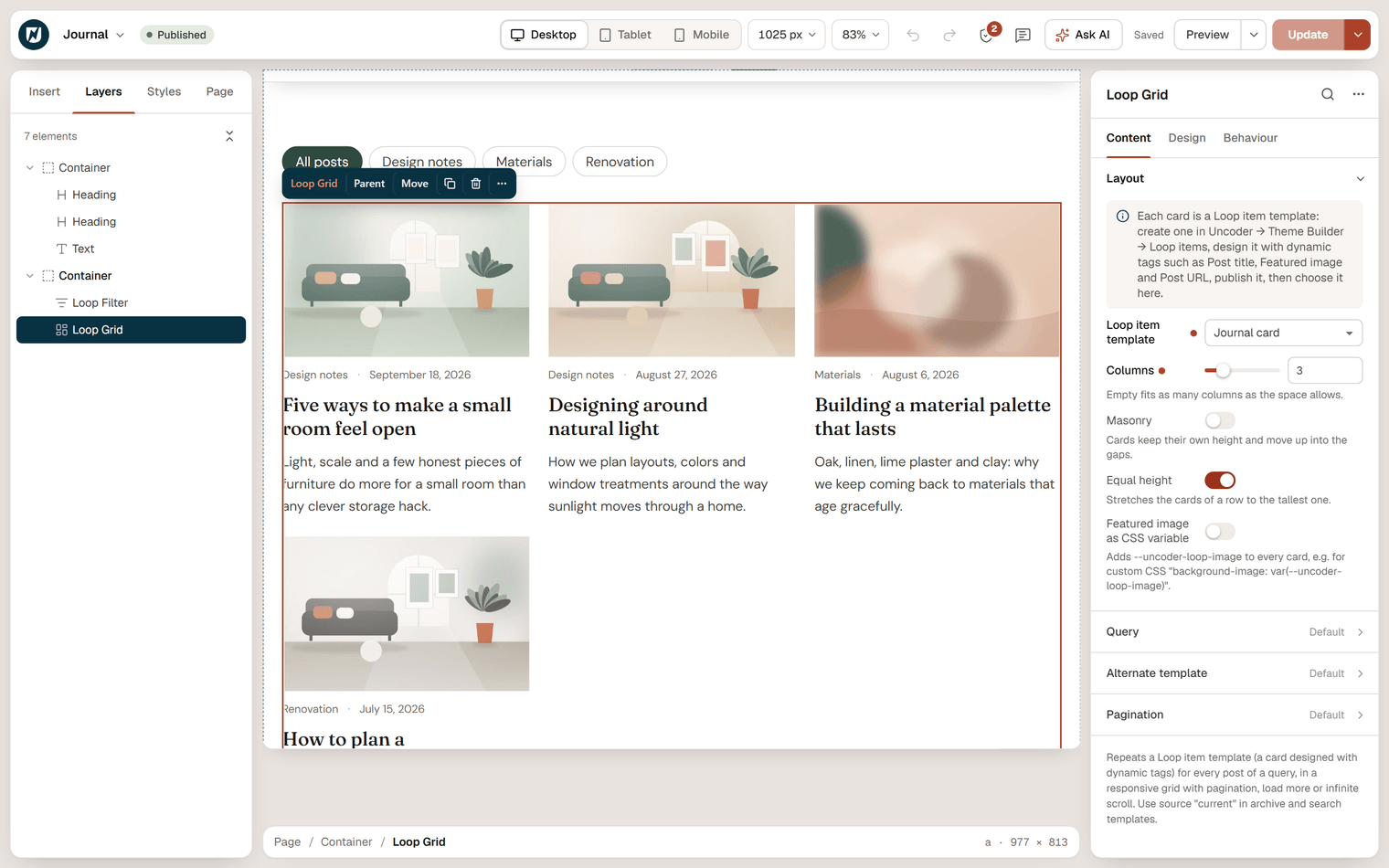 The Journal page in the editor with the Loop Grid selected, showing three post cards and the Layout settings in the inspector