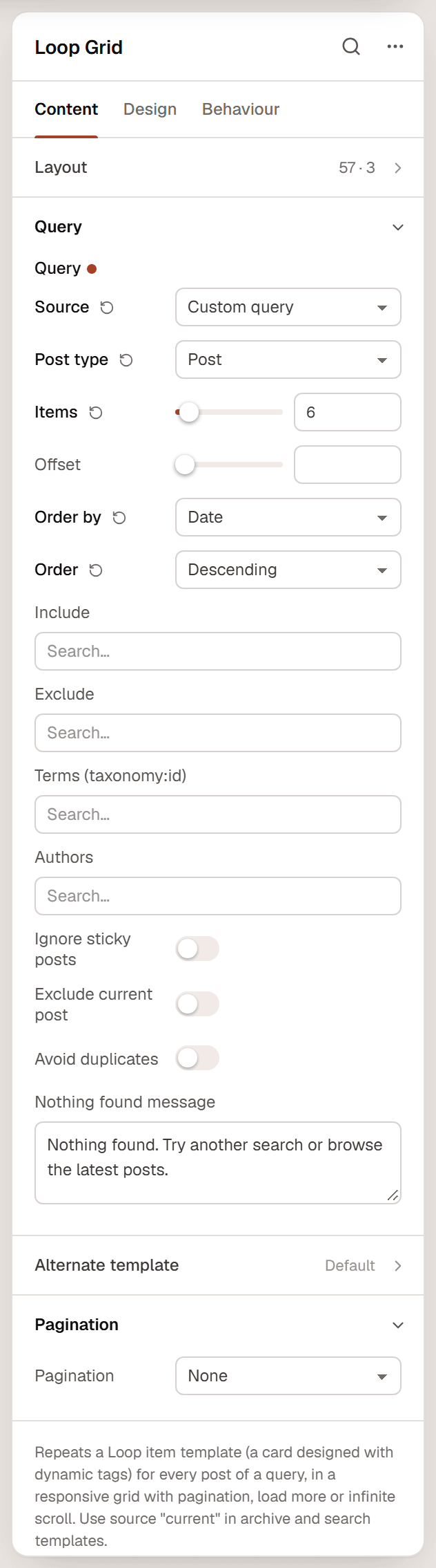 The Query and Pagination sections of the Loop Grid settings