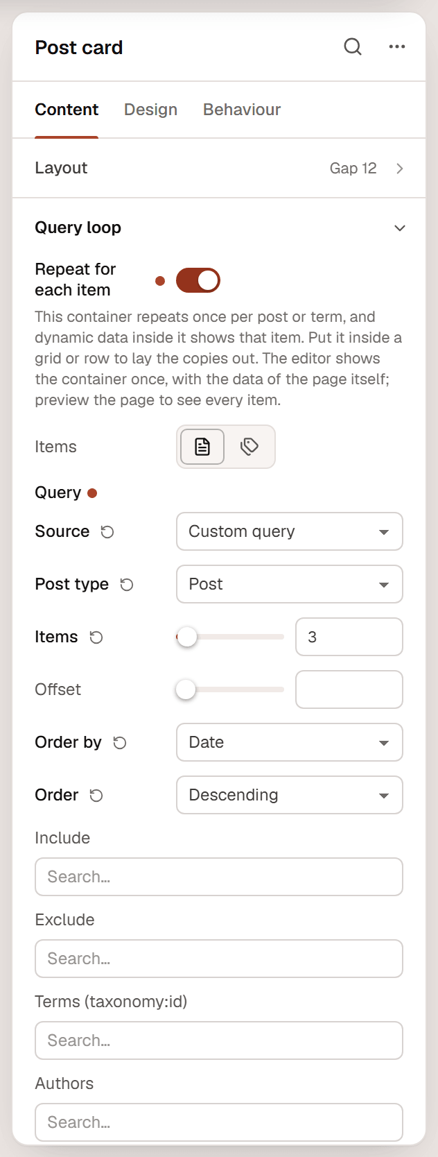 The Query loop section of a container: Repeat for each item on, Items set to Posts, and the query settings