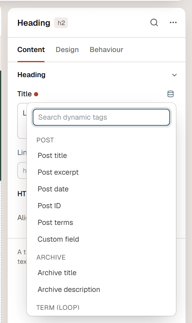 The inspector of a Heading with the Dynamic data list open, showing the Post and Archive groups