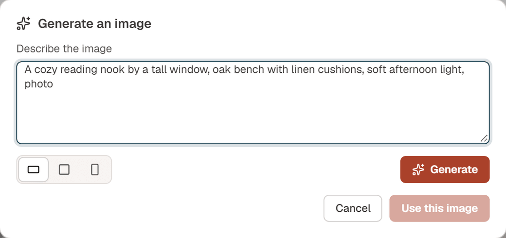 The Generate an image dialog with a description of a reading nook, the shape buttons, Generate and Use this image