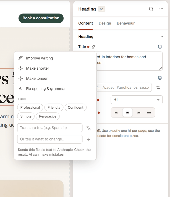 The AI writing menu open on a heading's Title field, with Improve writing, Make shorter, Make longer, Fix spelling & grammar, tone chips, a translate field and a custom instruction field