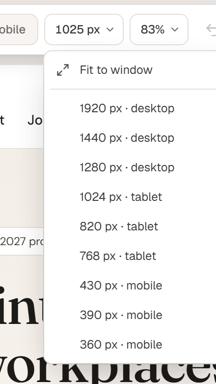 The Canvas width menu open with Fit to window and the preset widths for desktop, tablet and mobile