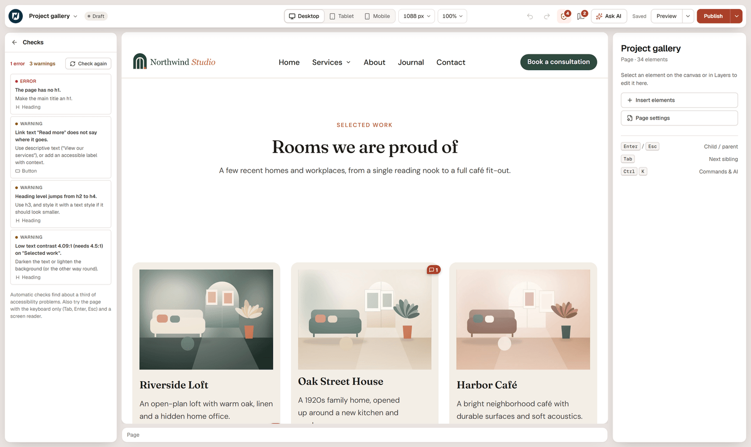 The editor with the Checks panel open on the Project gallery page: one error, The page has no h1, and three warnings about a vague Read more link, a heading level jump and low text contrast