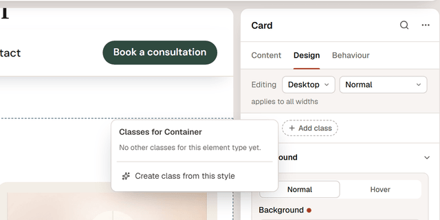 The Classes menu open in the Design tab of a container, titled Classes for Container, with the option Create class from this style
