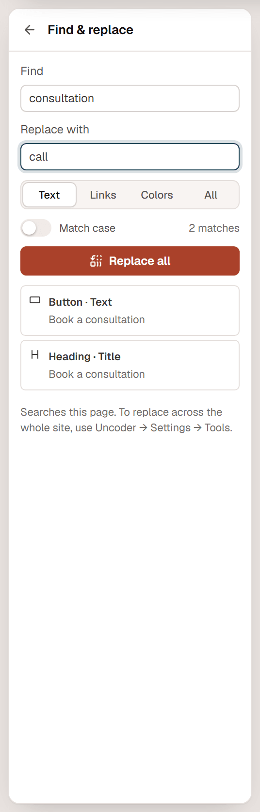 The Find & replace panel with consultation typed in Find, Call in Replace with, the Text scope selected and a list of matches on the Home page