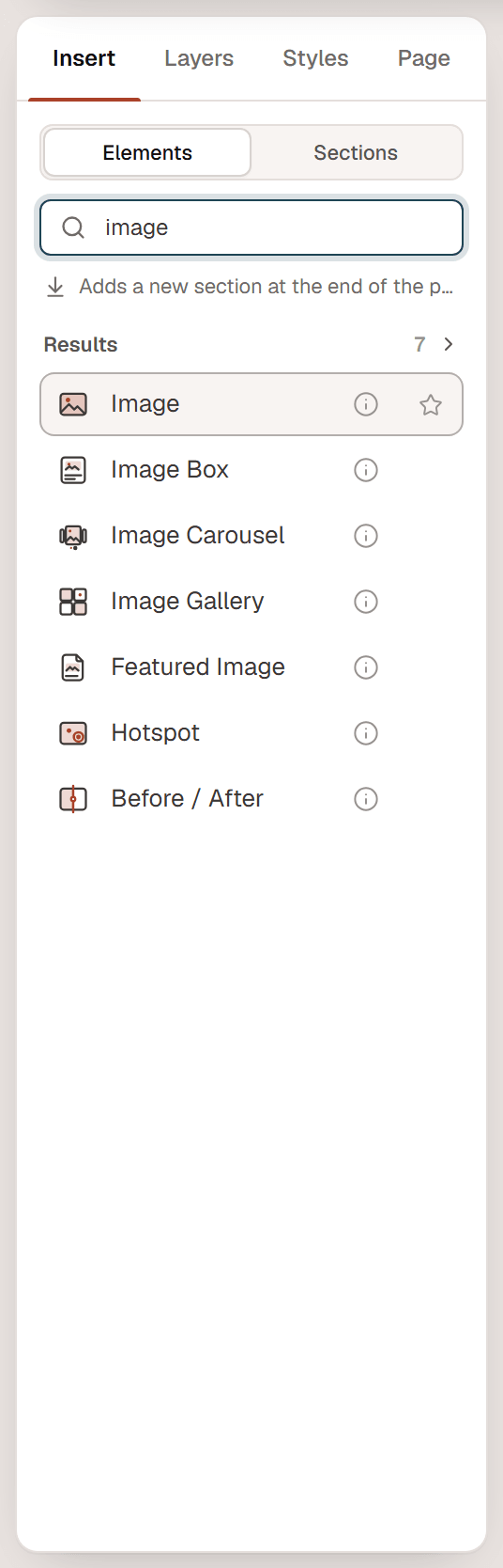 The Insert panel with the search image typed and matching widgets such as Image, Image Box, Image Carousel and Image Gallery