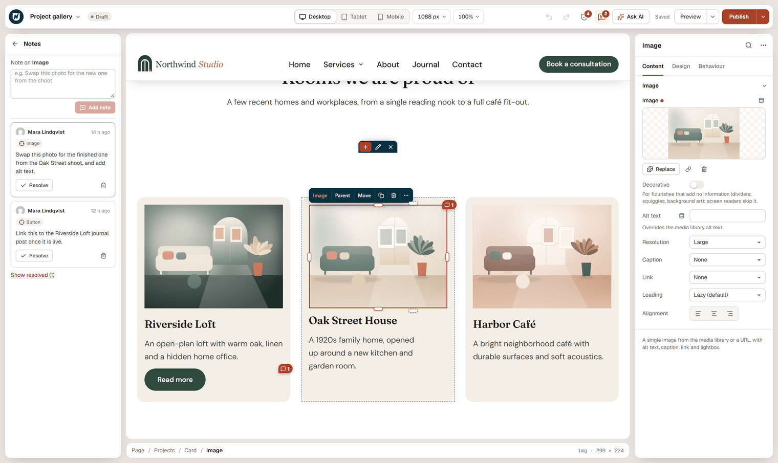 The editor with the Notes panel open on the Project gallery page, listing two open notes by Mara Lindqvist, and a note bubble on an image in the canvas