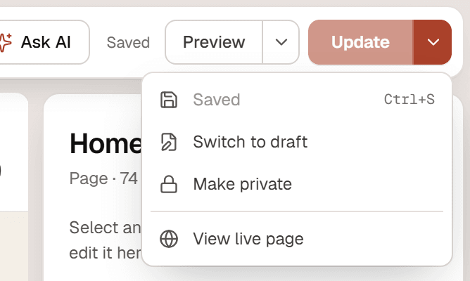 The publish options menu open under the Update button with Saved, Switch to draft, Make private and View live page