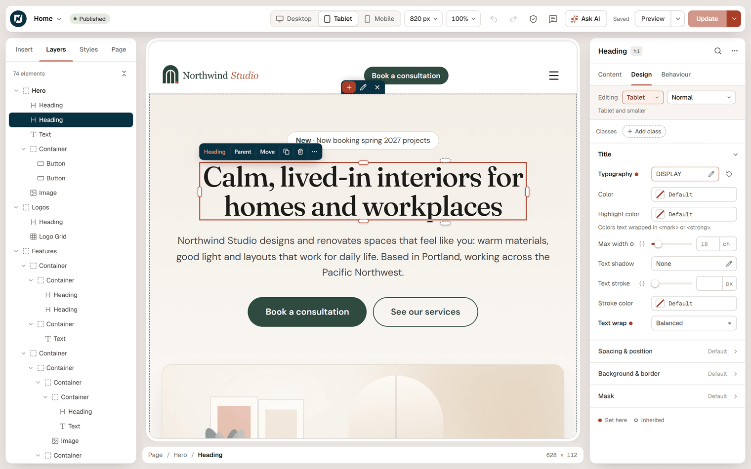 The editor in Tablet view: the Home page shown 820 pixels wide, the heading selected and the Design tab showing Editing Tablet with the hint Tablet and smaller