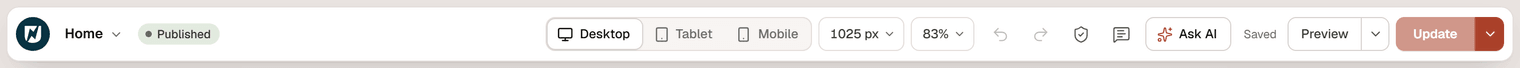 The editor top bar with the Urmi menu, the page title Home, the Published badge, the Desktop, Tablet and Mobile buttons, canvas width and zoom, undo and redo, Checks, Notes, Ask AI, the Saved state, Preview and Update