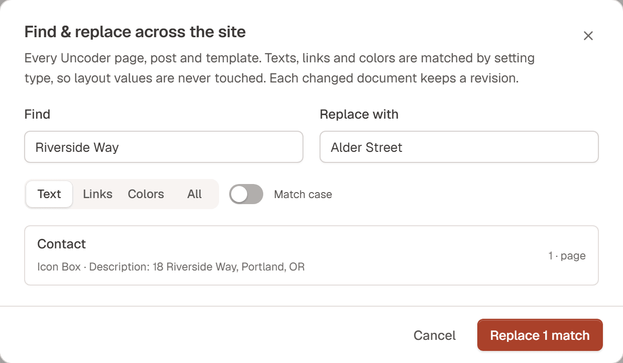 The Find & replace across the site dialog: Find Riverside Way, Replace with Alder Street, Text selected, and a preview listing one match on the Contact page