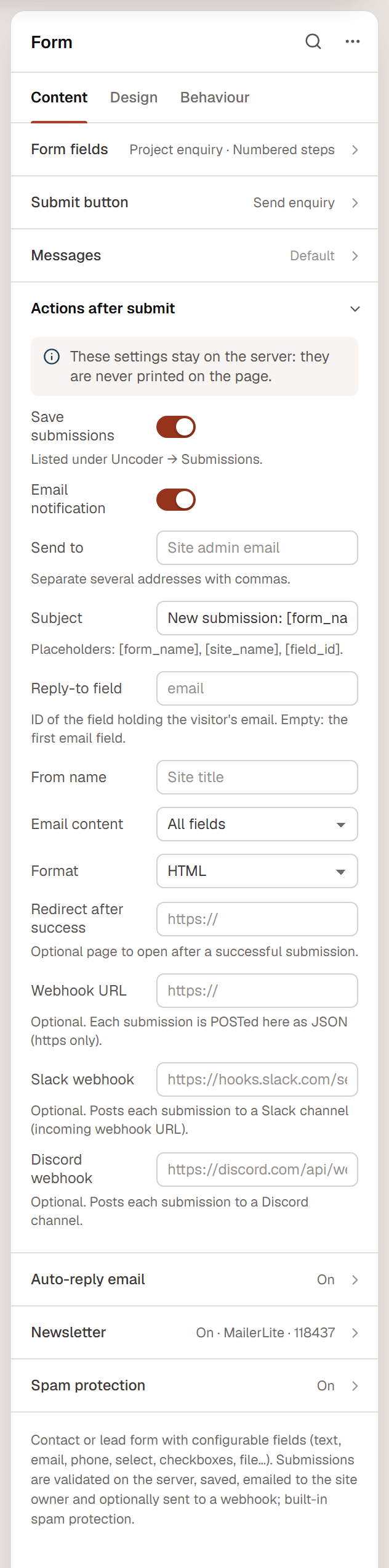The Actions after submit section of a Form widget: Save submissions, Email notification with Send to, Subject, Reply-to field, From name, Email content and Format, then Redirect after success, Webhook URL, Slack webhook and Discord webhook