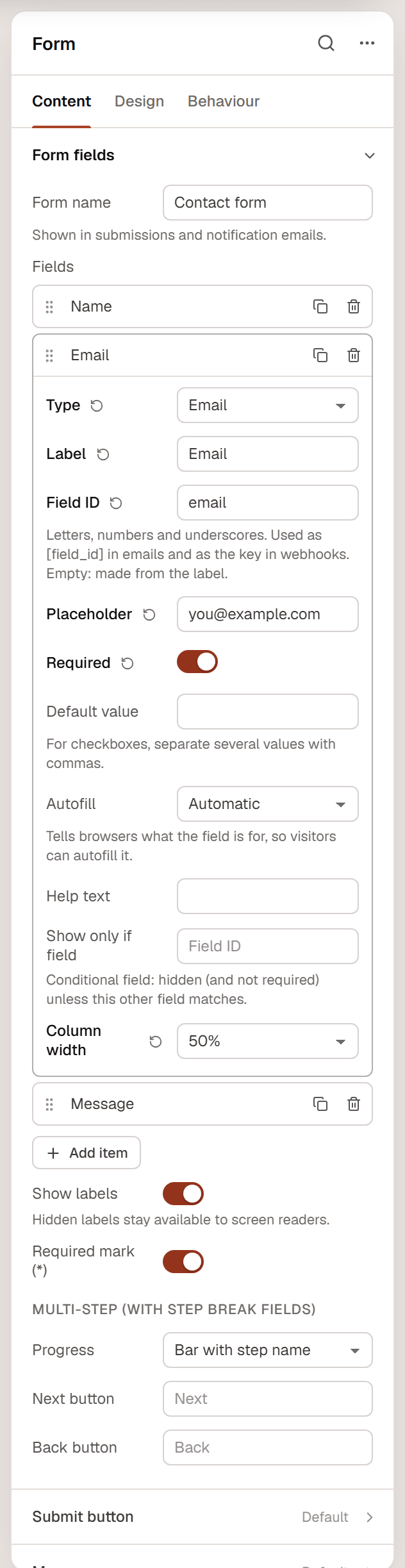 The settings of the Email field: Type, Label, Field ID, Placeholder, Required, Default value, Autofill, Help text, Show only if field and Column width