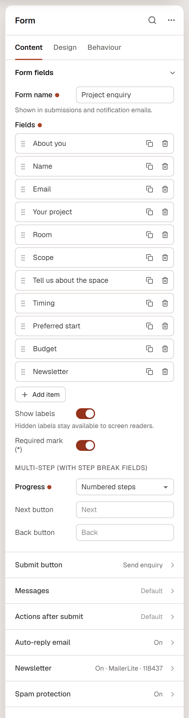 The Form fields list of a multi-step form with step break rows About you, Your project and Timing between the fields, and the multi-step settings below