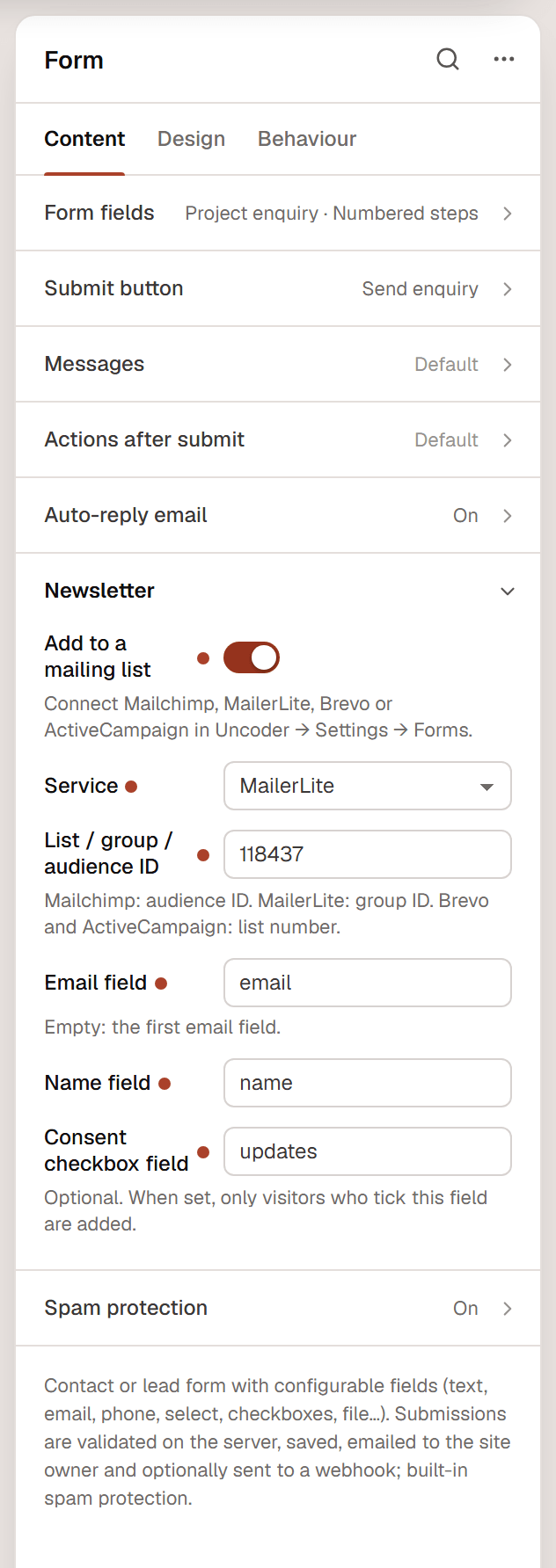 The Newsletter section of a Form widget with Add to a mailing list on, Service MailerLite, a group ID, Email field, Name field and Consent checkbox field