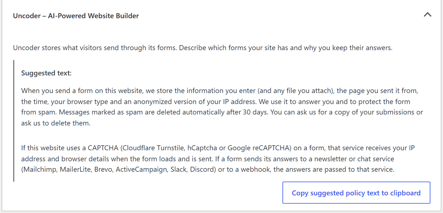 The Urmi section of the WordPress Privacy Policy Guide with the suggested policy text and a Copy suggested policy text to clipboard button