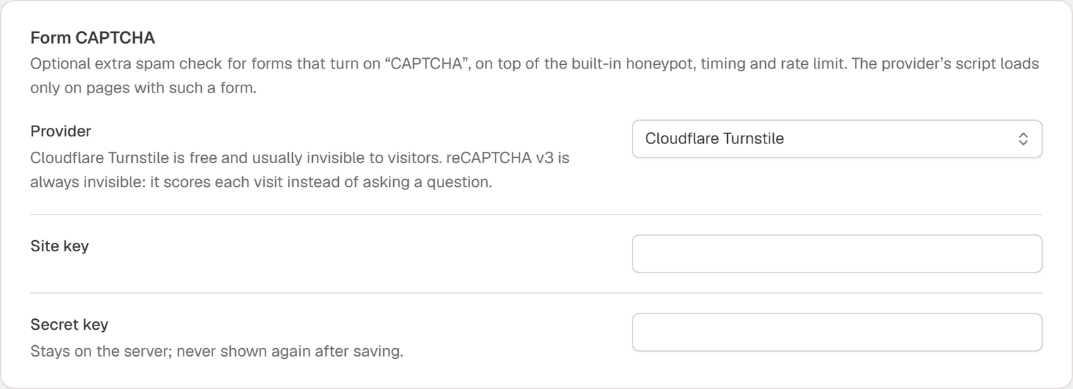 The Form CAPTCHA card in Settings → Forms with Provider set to Cloudflare Turnstile and fields for the site key and secret key