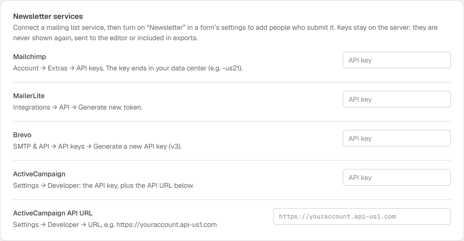 The Newsletter services card in Settings → Forms with API key fields for Mailchimp, MailerLite, Brevo and ActiveCampaign and the ActiveCampaign API URL