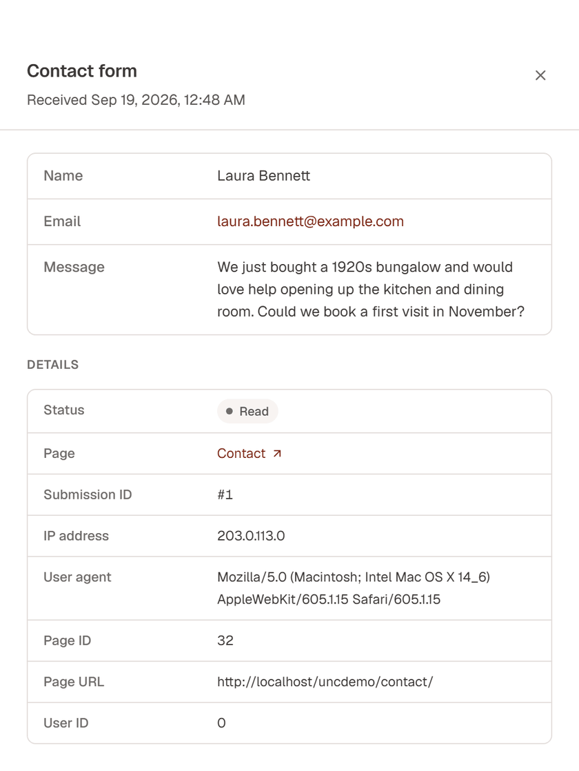 A submission opened in a side panel: Name, Email and Message, then Details with Status, Page, Submission ID, IP address, user agent and page address