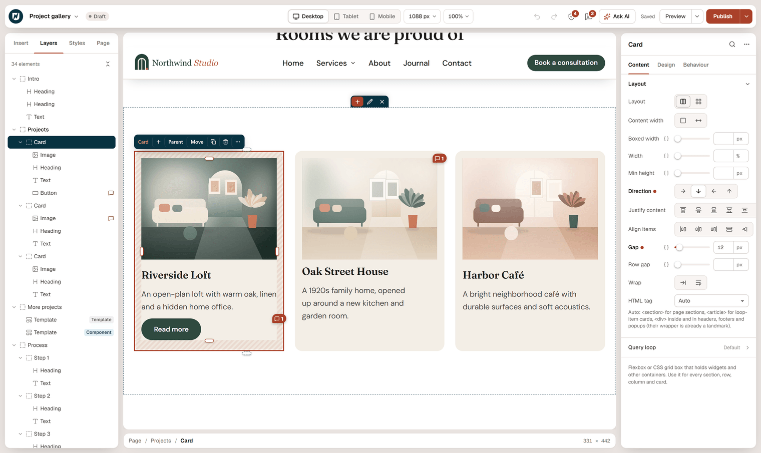 The editor with a card selected on the Project gallery page: in Layers the card container holds an Image, a Heading, a Text and a Button widget