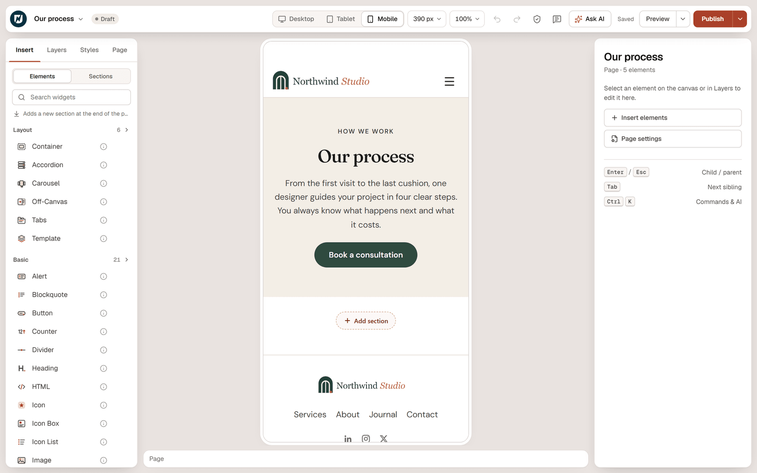 The page Our process in the Mobile view: the label, heading, paragraph and button stacked in a narrow column