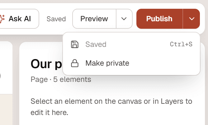 The publish options menu under the Publish button with Saved, Switch to draft, Make private and View live page