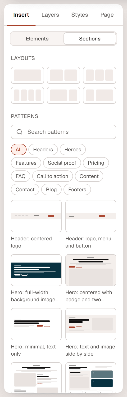 The Insert panel switched to Sections, with six layout buttons, the pattern search, category chips and pattern thumbnails