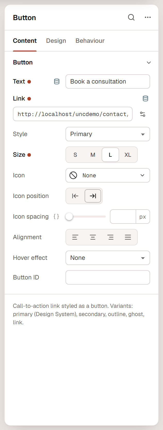 The inspector for a Button with the Content tab open, showing the button text, link and style settings