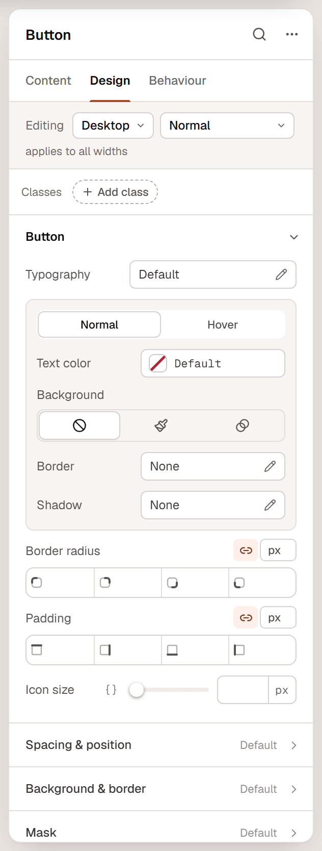 The Design tab of a Button with the Editing row, the Classes bar and the Button style sections