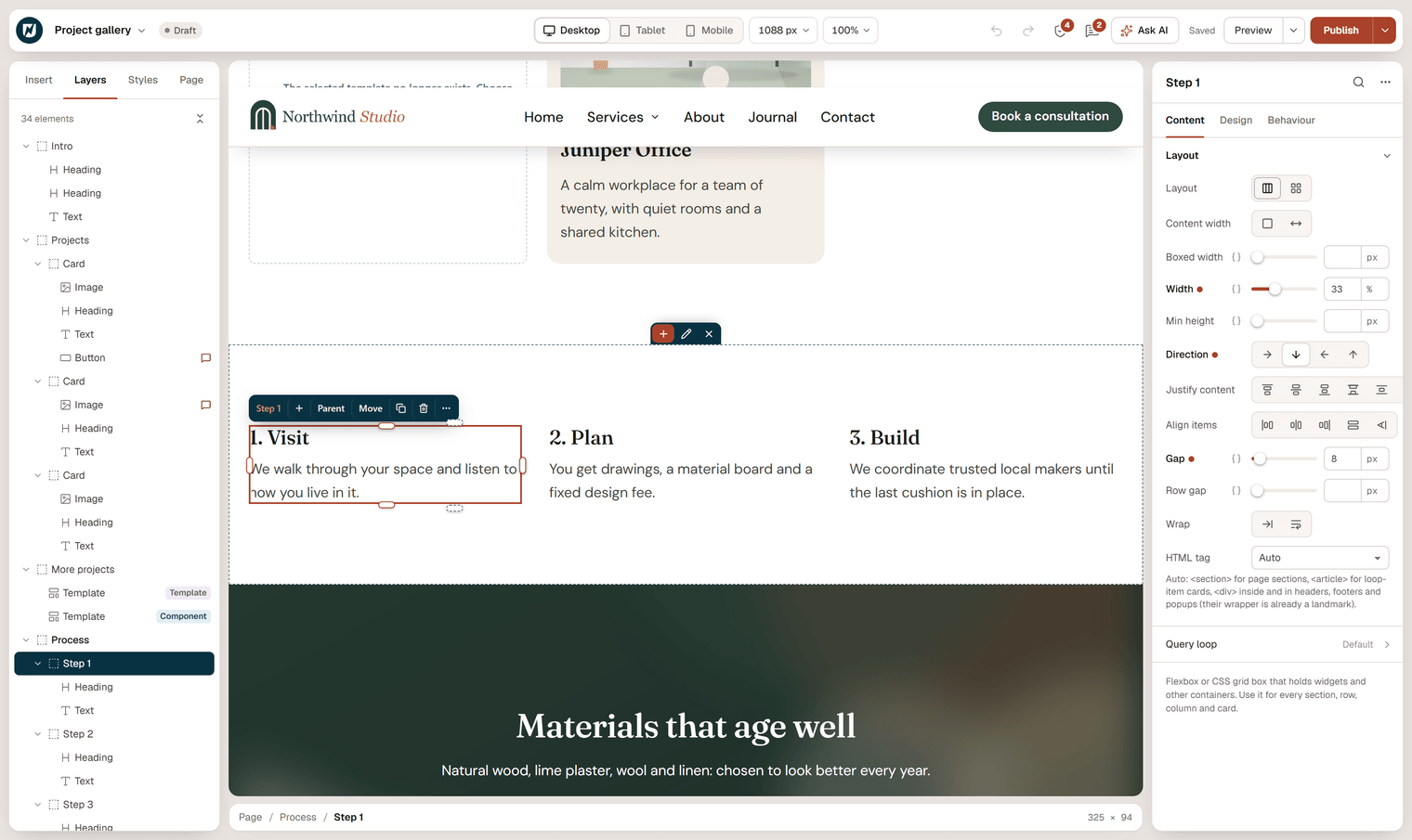 The Process section of the Project gallery page: a row with three columns, the first column (Step 1) selected with its width handle, and its Layout settings in the inspector with Width 33%