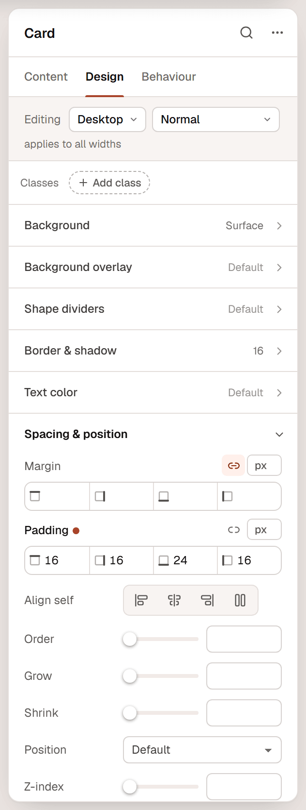 The Spacing & position section of a card container with Margin and Padding boxes, Align self, Order, Grow, Shrink, Position and Z-index