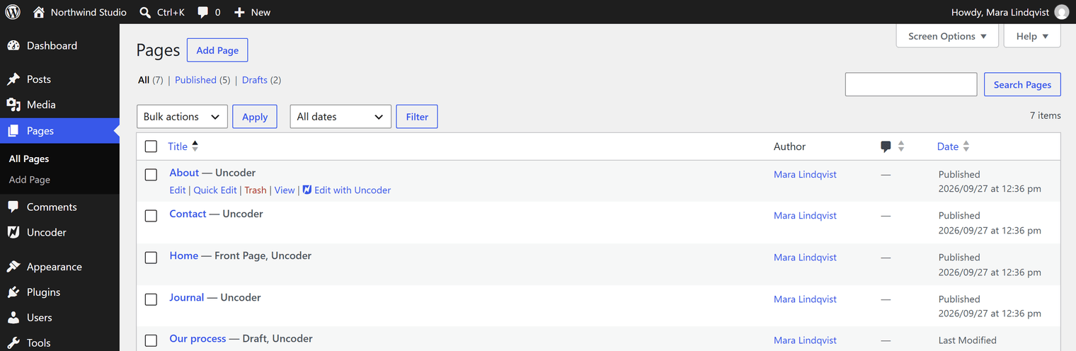 The WordPress Pages list with the Edit with Urmi link under a page title