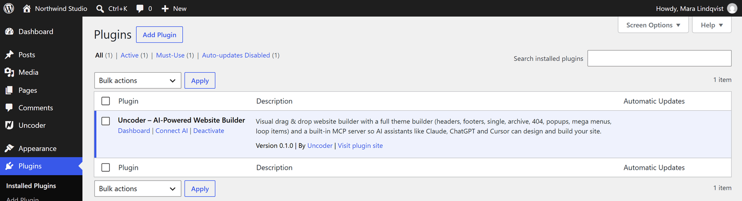 The Plugins screen with Urmi active and its Dashboard and Connect AI links