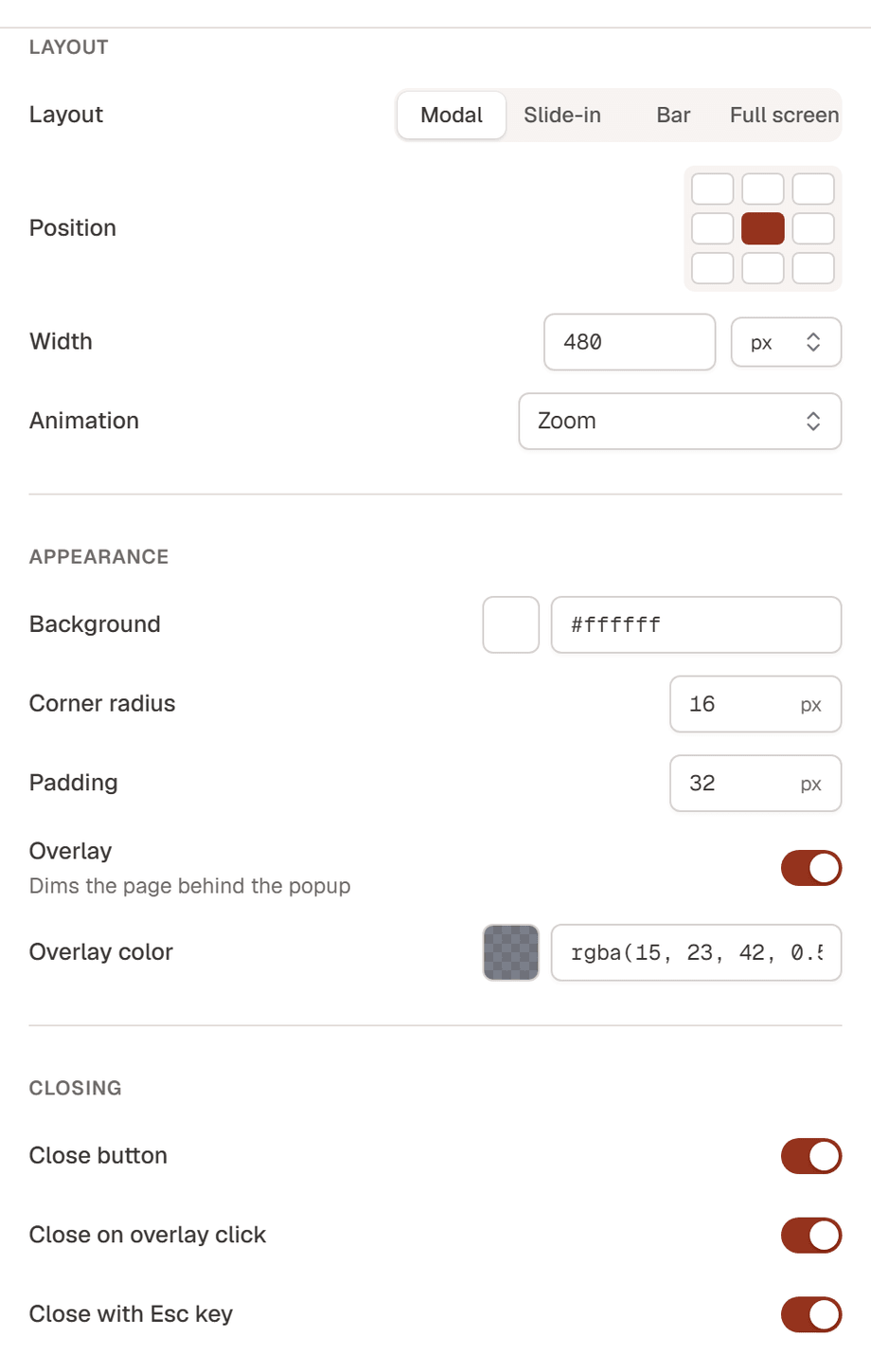 The Layout, Appearance and Closing groups of the Popup settings drawer
